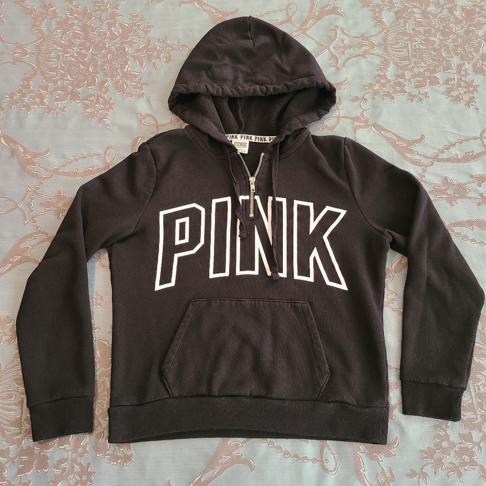 Victoria's Secret PINK Quarter Zip Pullover Hoodie Black White Size Medium